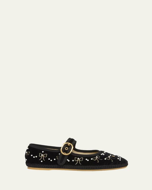 Endouce Bow Velvet Mary Jane Ballerina Flats